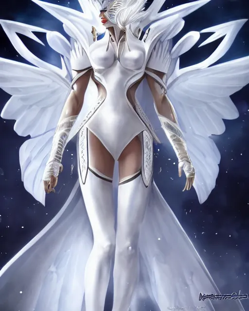 Image similar to perfect white haired egyptian goddess wearing white dove wings, warframe armor, regal, attractive, ornate, sultry, beautiful, ice queen, half asian, pretty face, blue eyes, detailed, scifi platform, 4 k, ultra realistic, epic lighting, android body, illuminated, cinematic, masterpiece, art by akihito tsukushi, voidstar