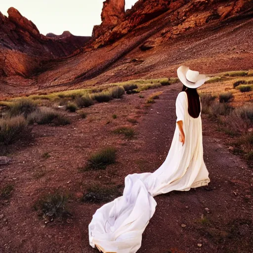 Image similar to photo, a woman in a giant flowing incredibly long dragging white dress made out of white smoke, standing inside a dark night western rocky scenic landscape, a vintage cowboy movie projected, volumetric lighting