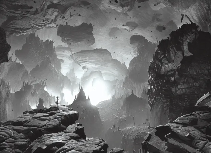 Image similar to deep rock galactic as an etching, video game, cavern, monochrome