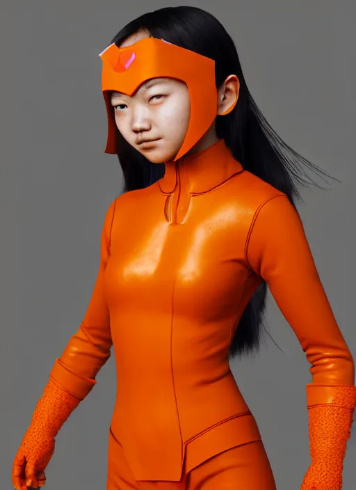 Prompt: teenage asian girl wearing an orange matte superhero costume, anime digital art, au naturel, hyper detailed, digital art, trending in artstation, cinematic lighting, studio quality, smooth render, unreal engine 5 rendered, octane rendered, art style by klimt and nixeu and ian sprigger and wlop and krenz cushart