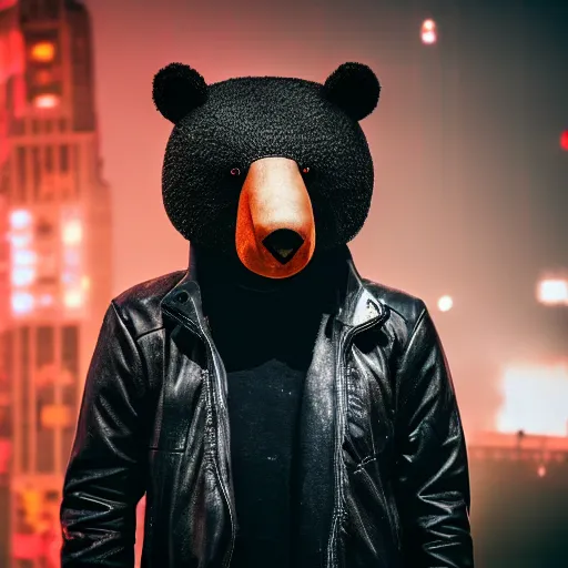 Image similar to anthropomorphic bear in a leather jacket, cyberpunk style, foggy weather, 1 5 5 mm lens, highly detailed