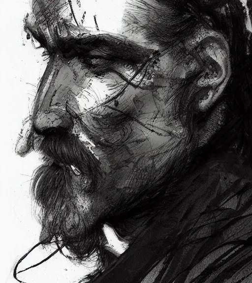 Image similar to portrait of clean - shaven man with pony - tail hair up wearing black robes, pen and ink, intricate line drawings, by craig mullins, ruan jia, kentaro miura, greg rutkowski, loundraw