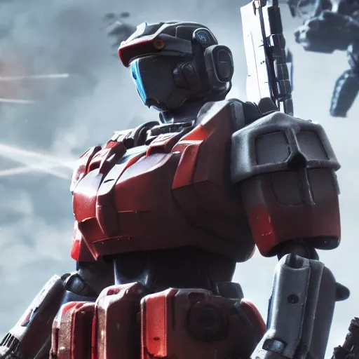 Image similar to gundam in gears of war battlefield 5, splash art, movie still, cinematic lighting, ray tracing, octane render, long lens, shallow depth of field, bokeh, anamorphic lens flare, 8 k, hyper detailed, 3 5 mm film grain