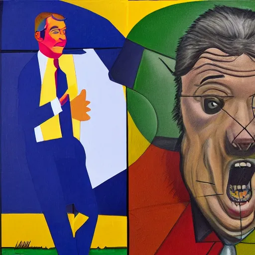 Image similar to nigel farage being chased by a bear, cubism painting