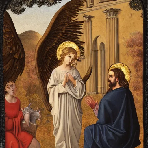 Image similar to an biblically accurate angel having a conversation with a very confused goth girl, masterpiece, old painting, 4 k scan, high attention to detail.