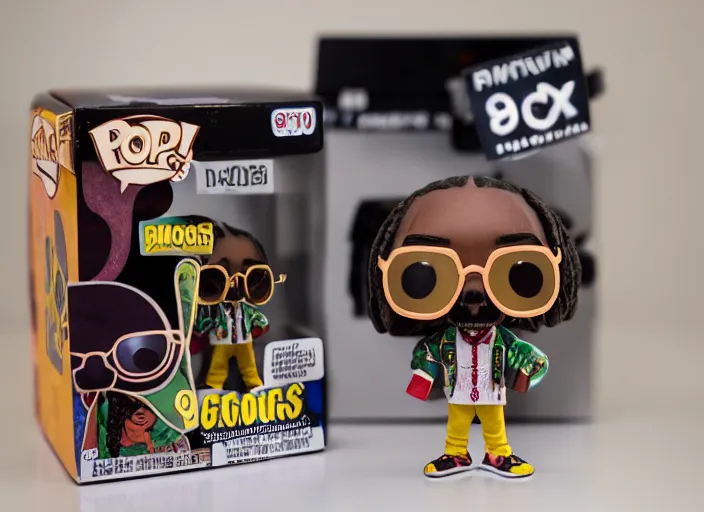 Image similar to product still of Snoop Dogg funko pop with box, 85mm f1.8