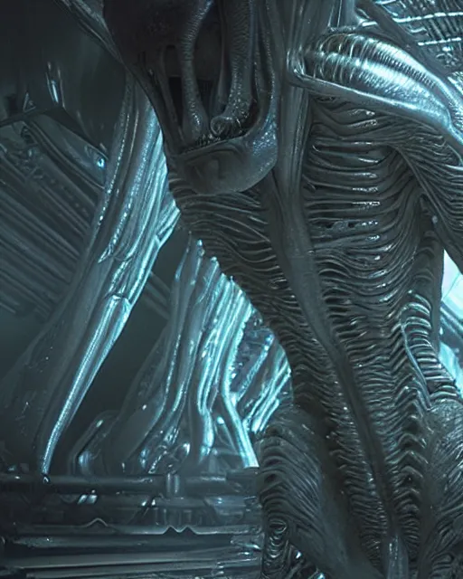 Prompt: film still of alien looking around a spaceship, slathered in a transparent alien liquid. wet flowing hair, goo, illustration, unreal engine 5, 8 k, directed by h. r. giger.