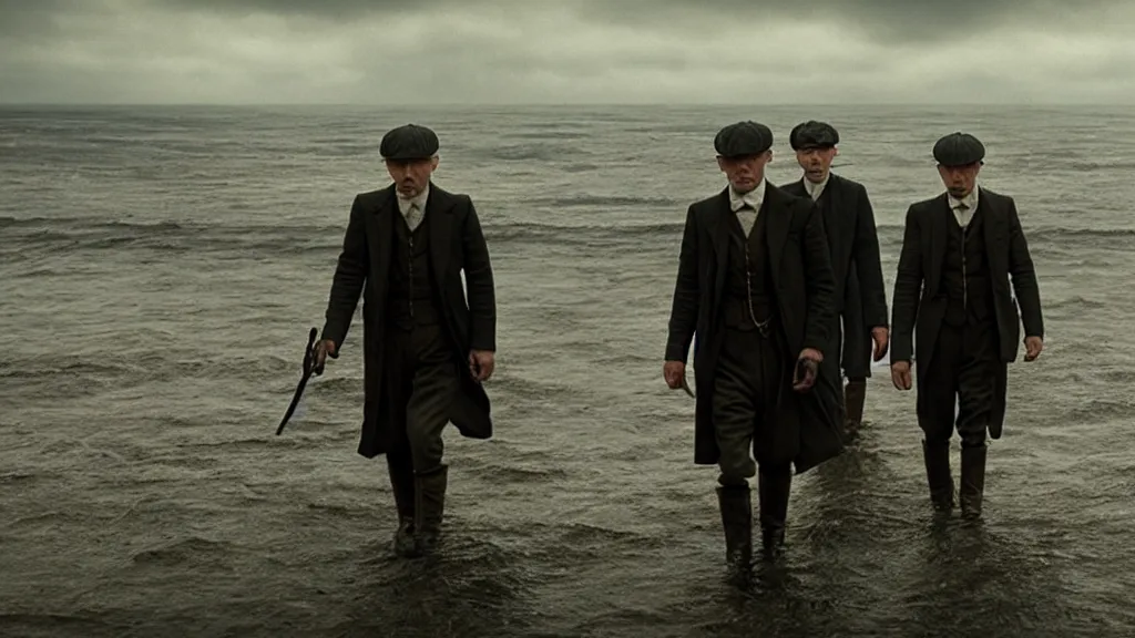 Prompt: the Peaky Blinders crew coming out of the ocean, film still from the movie directed by Denis Villeneuve with art direction by Zdzisław Beksiński, wide lens