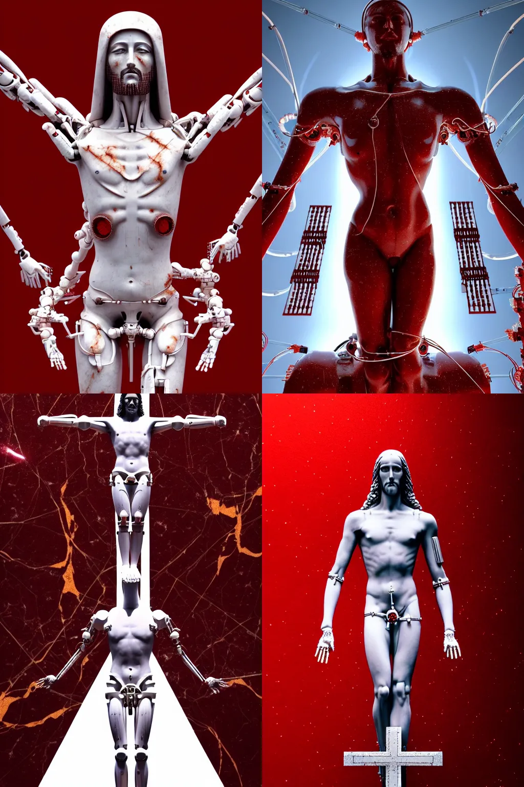 Prompt: a statue jesus on cross made of red marble, perfect symmetrical body, full body shot, background space station, white biomechanical, wearing epic bionic cyborg implants, inflateble shapes, tubes, wires, veins, masterpiece, intricate, biopunk, vogue, highly detailed, artstation, concept art, background galaxy, cyberpunk, octane render