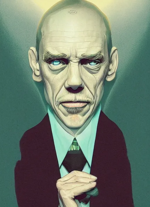 Image similar to poster artwork by Michael Whelan and Tomer Hanuka, Karol Bak John Malkovich is a conductor in tuxedo tails, from scene from Twin Peaks, clean