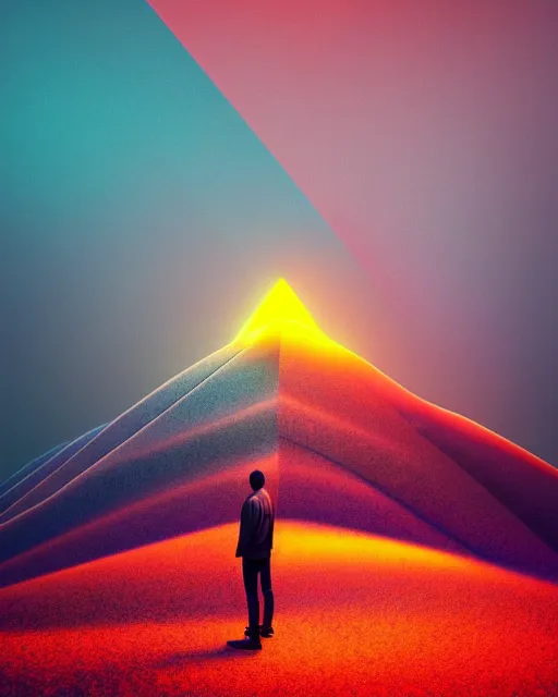 Image similar to a man standing in the middle of a mountain with a glowy neon triangle, a render by filip hodas, behance contest winner, environmental art, rendered in cinema 4 d, volumetric lighting