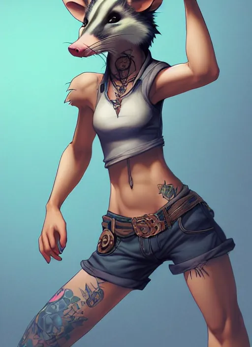 Image similar to character portrait of a female anthro opossum fursona wearing a tanktop and shorts with arm tattoos. Character design by charlie bowater, ross tran, artgerm, and makoto shinkai, detailed, inked, western comic book art