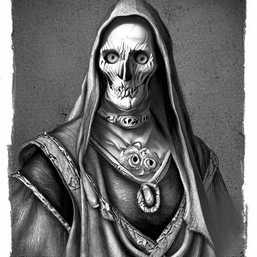 Image similar to a powerful necromancer, who's face is covered in shadow | greyscale color | baroque art |