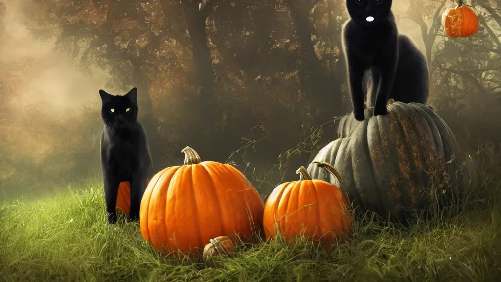 Prompt: beautiful black cat with a pumpkin in the woods ” beautiful dreamscape, digital art, concept art, detailed, lovely colors, art station, 3 - d 4 k, beautiful background, matte painting,,