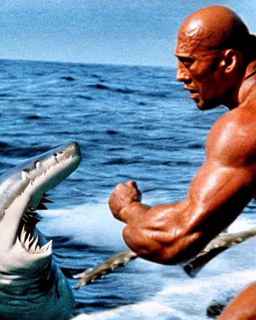 Image similar to film still close up shot of dwayne johnson wrestling with a shark in the movie jaws. photographic, photography