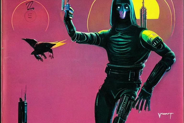 Prompt: 1979 OMNI Magazine Cover of a humanoid raven rogue. in cyberpunk style by Vincent Di Fate