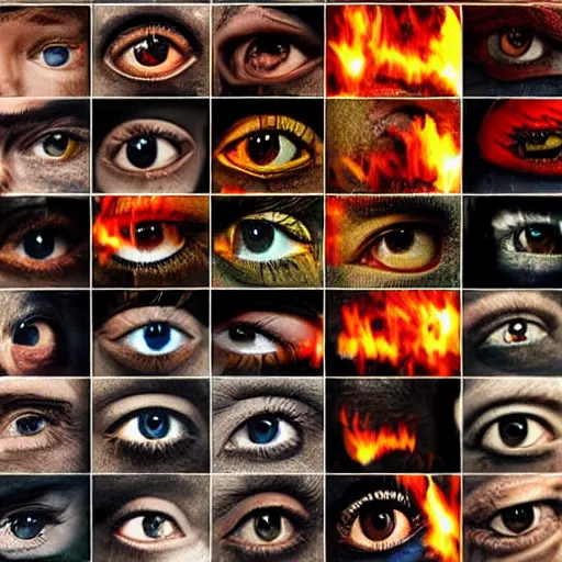 Prompt: collage, wall of eyes, reflections, fire, flames, wall of eyes, hd photograph