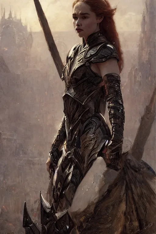 Image similar to redhead emilia clarke wearing black geometric armour, bare legs, detailed, by gaston bussiere, bayard wu, greg rutkowski, giger, maxim verehin, greg rutkowski, masterpiece, sharp focus, cinematic lightning