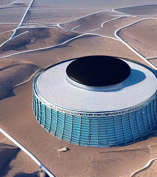 Prompt: dominador circular vertical solar thermal power plant in the desert, spatial structure, former gasometer in rome, white sheets, trending on artstation, behance, octane render, award winning, archviz, matte painting, epic