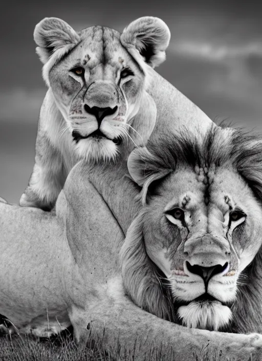 Prompt: very close lion and lioness black and white portrait white sky in background