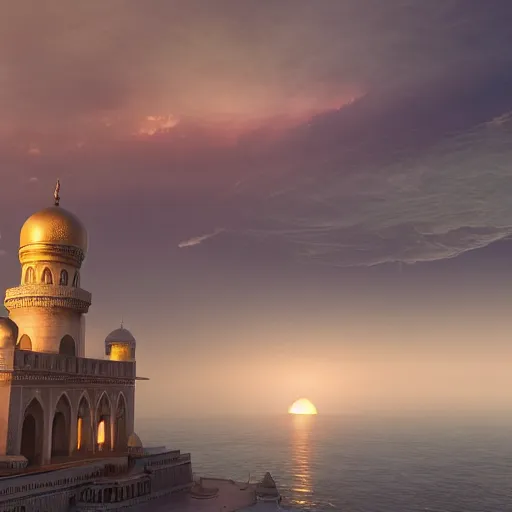 Image similar to an old mosque with huge dome and tall minarets, a sunset and a huge clouds in the background, heavy sea in front, on style of aivazovsky, 4k, epic lights, sun beams, ultra details, hyper realistic, octane render, unreal engine, unbelievable graphics, 8k,