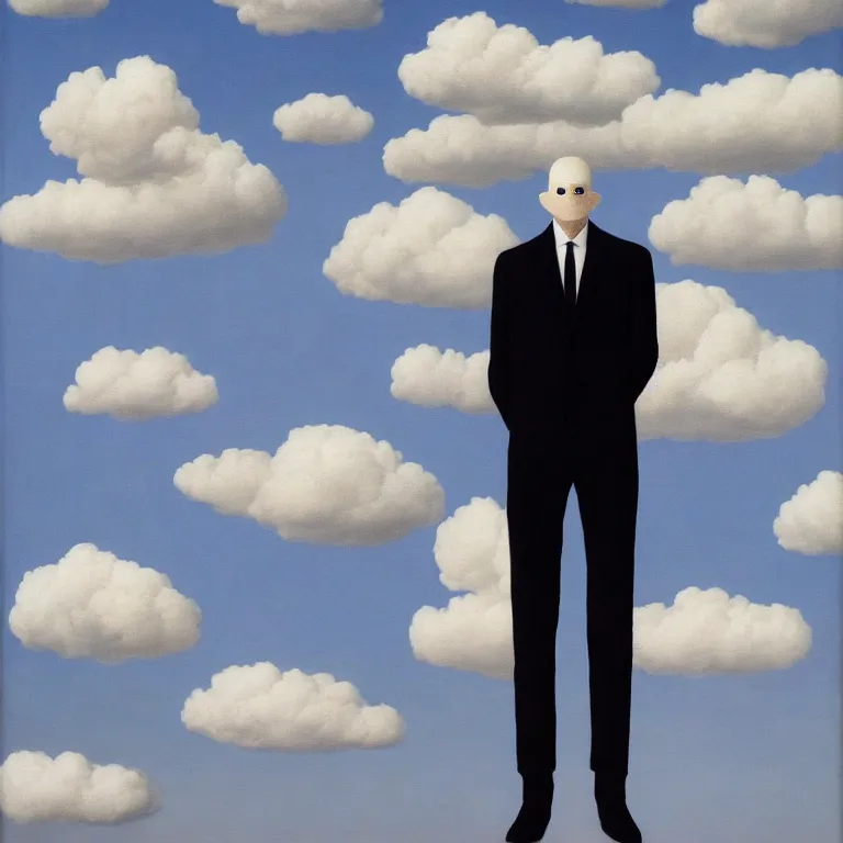 Image similar to portrait of a faceless shadow - head man in a suit, clouds in the background, by rene magritte, detailed painting, distance, centered, hd, hq, high resolution, high detail, 4 k, 8 k