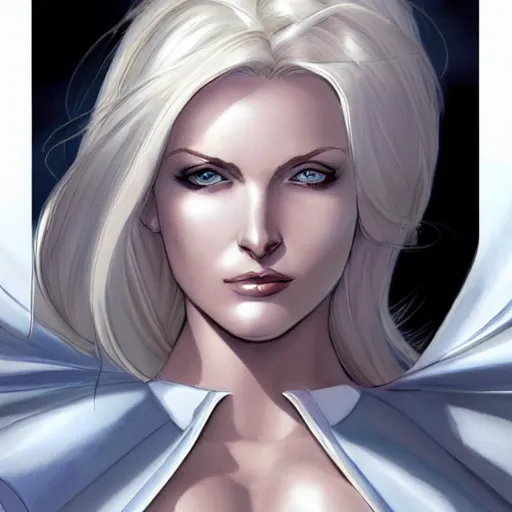 Prompt: portrait of emma frost, a beautiful woman in her 3 0 s with white blonde hair and blue eyes dressed in a fashionable white suit, detailed face, beautiful face, delicate features, smooth, sharp focus, graphic novel, art by artgerm and greg rutkowski and joe madureira and alan davis,