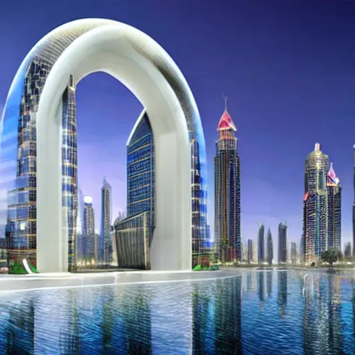 Prompt: giant toilet arch vis of dubai city of the future named toilet land