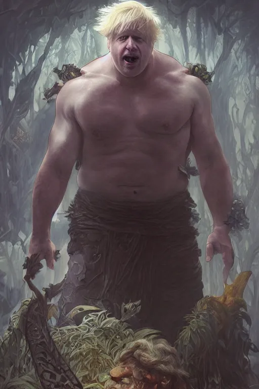 Image similar to portrait of boris johnson as a very pale hulking herculean demon, forest, godlike, full body, fantasy, intricate, elegant, highly detailed, digital painting, artstation, concept art, sharp focus, illustration, art by artgerm and greg rutkowski and alphonse mucha