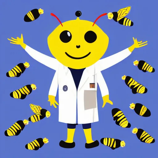 Prompt: a bee who is a scientist in a lab coat, yellow black red and white, colored pencils, low poly render, vector art, flat colors, by eric carle, icon