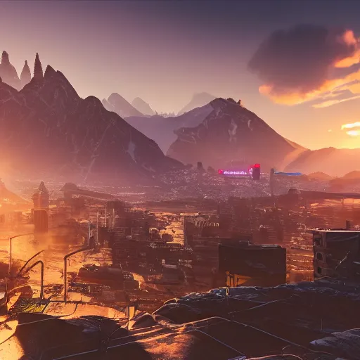 Image similar to beautiful sunset over detailed cyberpunk suburb in a valley surrounded by epic mountains with snowtops, sharp, highly detailed, hyperrealistic, 4 k, - i