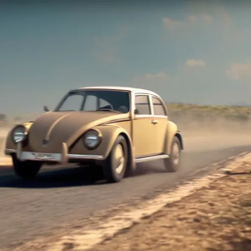 Image similar to promotion movie still of a ( volkswagen beatle ) racing down a dusty back road. cinematic, 4 k, imax, 7 0 mm