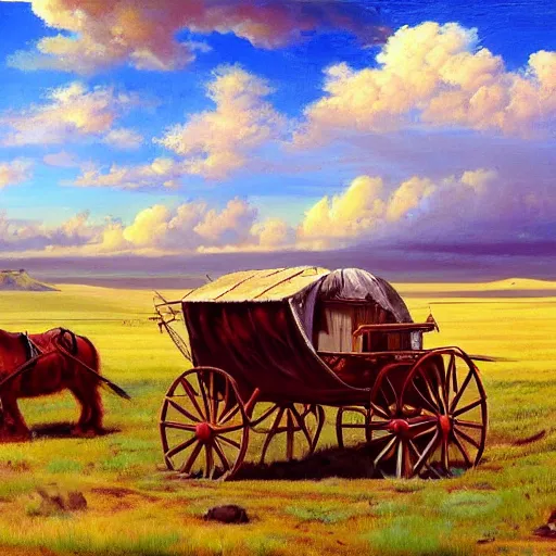 Image similar to a pioneer caravan of covered wagons, oil painting, great plains, american pioneers, oregon trail, fluffy clouds, wide view, epic, colors, ultra realistic