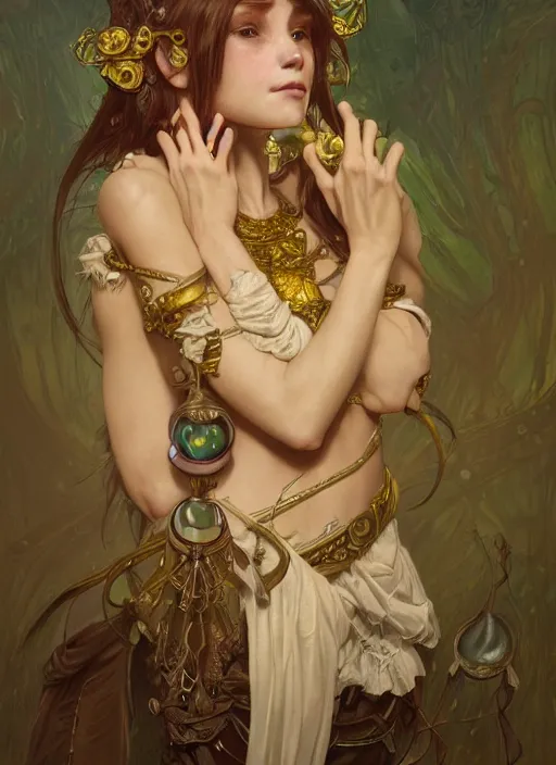 Image similar to portrait of beautiful cute goblin girl, fantasy, D&D, intricate, elegant, highly detailed, digital painting, artstation, concept art, smooth, sharp focus, illustration, art by artgerm and greg rutkowski and alphonse mucha and Gustav Klimt