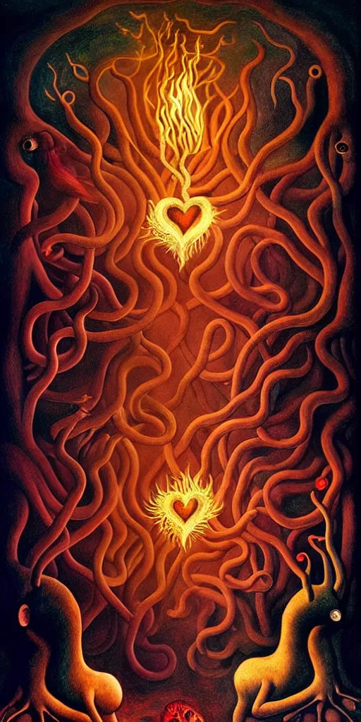 Image similar to mythical creatures and monsters in the visceral anatomical human heart imaginal realm of the collective unconscious, in a dark surreal painting by johfra, leonora carrington and ronny khalil, dramatic lighting fire glow