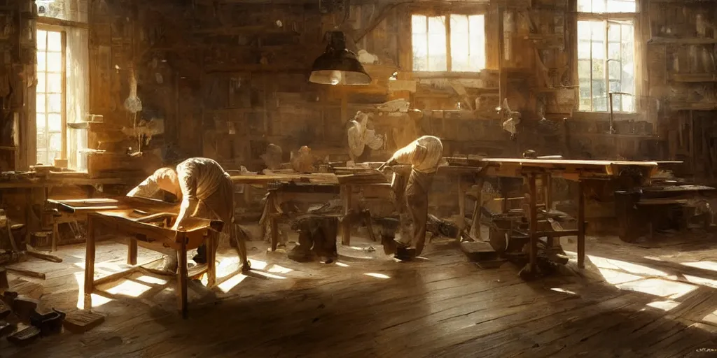 Image similar to simple craftsman fine woodworker building a wooden table in their well lit clean open workshop, art by anders zorn, wonderful masterpiece by greg rutkowski, beautiful cinematic light, american romanticism thomas lawrence, greg rutkowski