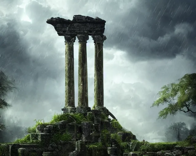 Prompt: Ancient ruins of a city, overgrown, heavy rain, winter, immaculate and epic scale, low angle, looking up, amazing lighting, sunshine filtering through the clouds, digital art, trending on Artstation, hyper-realistic, detailed, ultra detailed