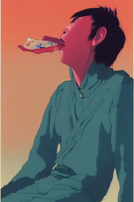 Image similar to a scifi closeup portrait of a young japanese man licking a blotter paper of LSD acid on his tongue and dreaming psychedelic hallucinations in cosmos, by kawase hasui, moebius, Edward Hopper and James Gilleard, Zdzislaw Beksinski, Steven Outram colorful flat surreal design, hd, 8k, artstation