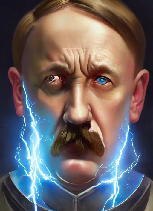 Image similar to close-up of character concept portrait of Hitler from Fantastic 4 conjuring a violent void multiversal fire, a floating iridescent lightning and thunder dragon from God of War in the center, intricate, elegant, digital painting, concept art, smooth, sharp focus, illustration, by WLOP and Ruan Jia and Mandy Jurgens and William-Adolphe Bouguereau, Artgerm