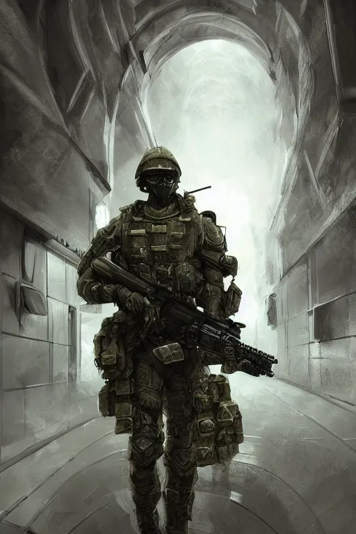 Image similar to ultra realist and ultra intricate detailed soft painting of a futuristic soldier, military, aiming his rifle down a hallway at an approaching xenonorph, sensual gloomy style, volumetric clouds, artstation, unreal render, depth of field