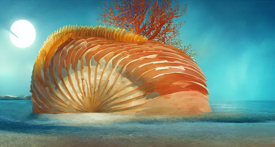 Image similar to digital painting of a tiny sacred spiral, procedural seashell house surrounded by dreamy coral, syd mead, cell shaded graphics, concept art, minimalist, golden ratio