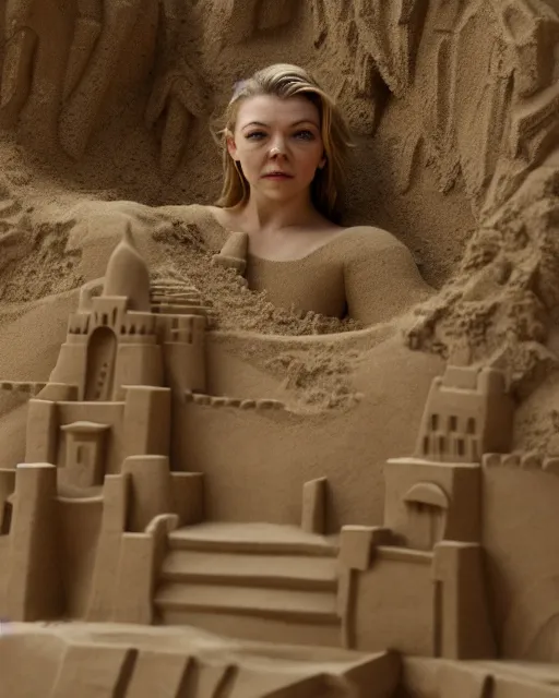 Prompt: a detailed sandcastle with the face of natalie dormer
