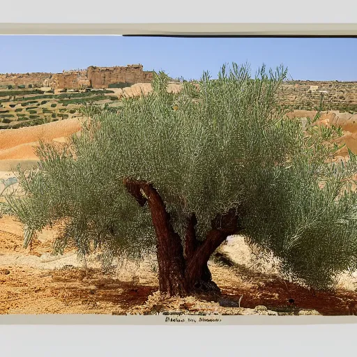 Prompt: a small town with olive trees in the desert by Reuven Rubin, detailed, brown and green color palette