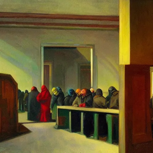 Image similar to apocalyptic scene,prayer,occult,refugees,mosque synagogue interior,gas masks,geometric art,patina,edward hopper