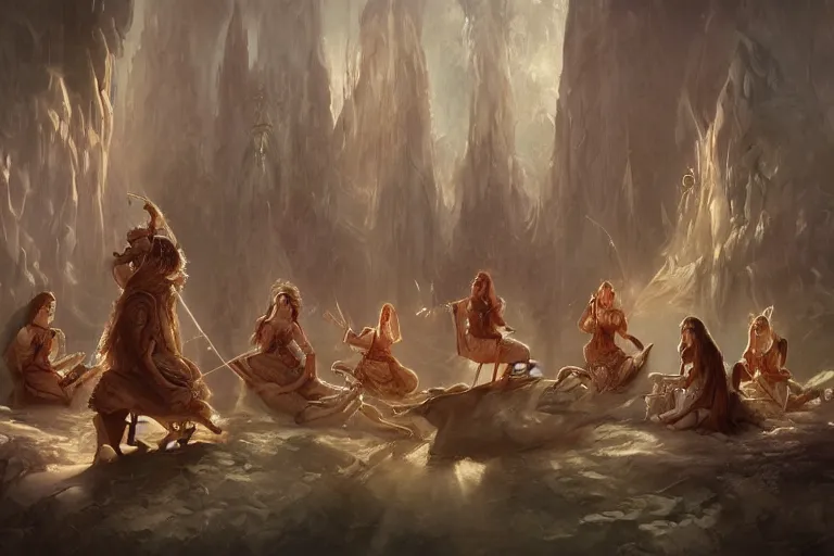 Prompt: the muses. sacred singers they who took up the strings of the deep, and turned the cacophony of an angry world into songs of unity and peace. morning lighting, cinematic fantasy painting, dungeons and dragons, jessica rossier and brian froud