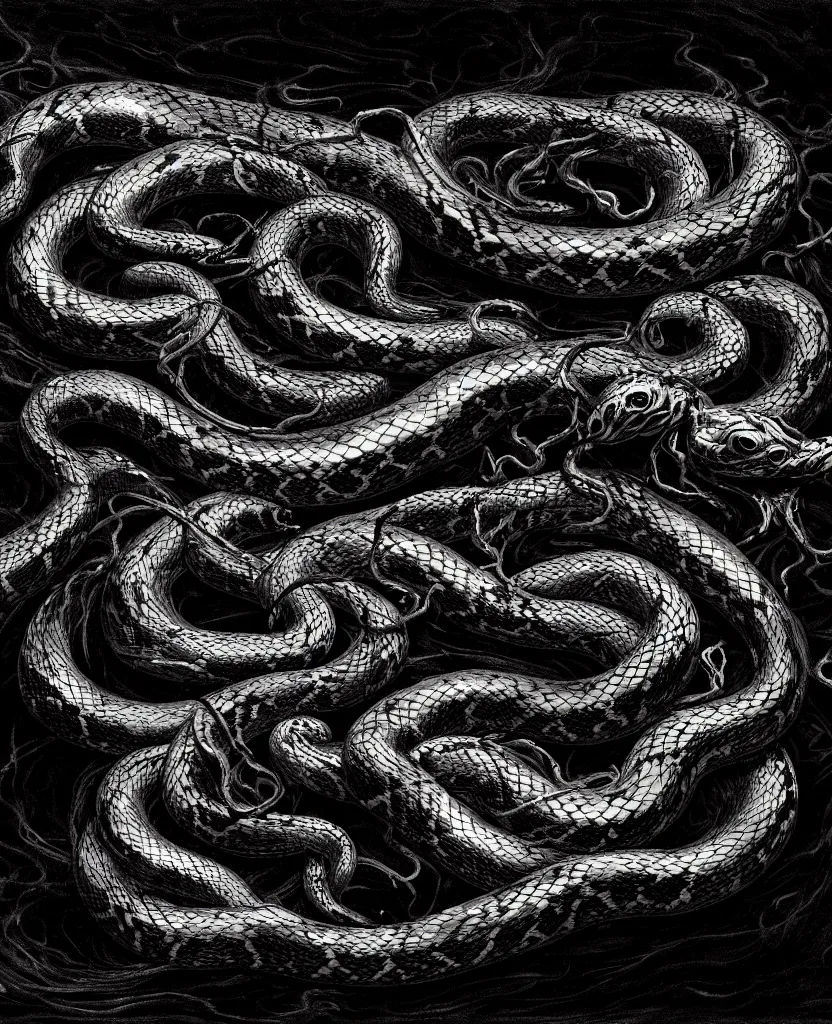 Prompt: a painting of scary snakes made of black colored fire, dark colors, sinister atmosphere, dramatic lighting, cinematic, establishing shot, extremely high detail, photo realistic, cinematic lighting, pen and ink, intricate line drawings, by Yoshitaka Amano, Ruan Jia, Kentaro Miura, Artgerm, post processed, concept art, artstation, matte painting, style by eddie mendoza, raphael lacoste, alex ross,