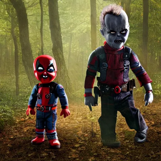 Image similar to chucky the doll and deadpool in the woods together digital art 4 k detailed super realistic