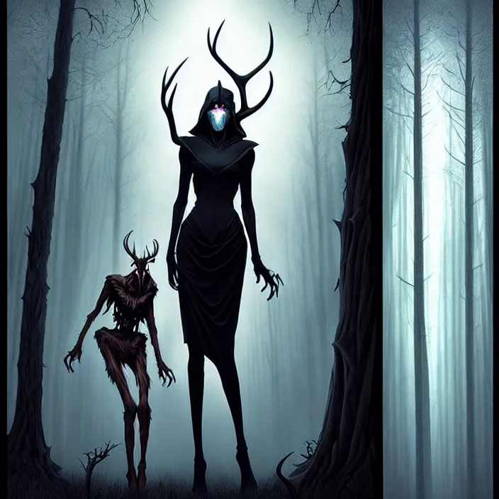 Image similar to style artgerm, joshua middleton, diego fazio, gerald brom : : scary wendigo with antlers and skull face mixed with werewolf : : [ beautiful witch wearing a black dress, symmetrical face, on the right side ] : : in the forest, detailed, dark and foggy, cinematic lighting