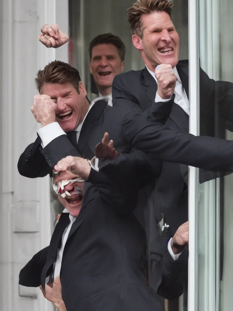 Image similar to Sir Kier Starmer laughing as he punches a window