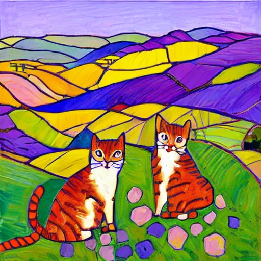 Prompt: cats in tuscan landscapes, art by erin hanson